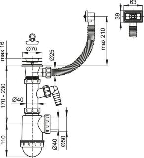 Сифон для мойки AlcaPlast с нержавеющей решеткой ?70 гофропереливом и подводкой A444P-DN50/40